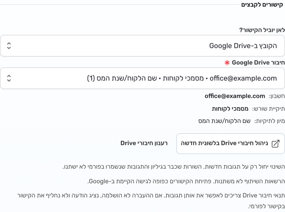 החלק ״קישורים לקבצים״ בהגדרות חיבור Google Sheets: ב״לאן יוביל הקישור?״ נבחר ״הקובץ ב-Google Drive״, וב״חיבור Google Drive״ נבחר החשבון office@example.com עם תיקיית השורש ״מסמכי לקוחות״. מתחת ההסבר שהשינוי חל רק על תגובות חדשות.