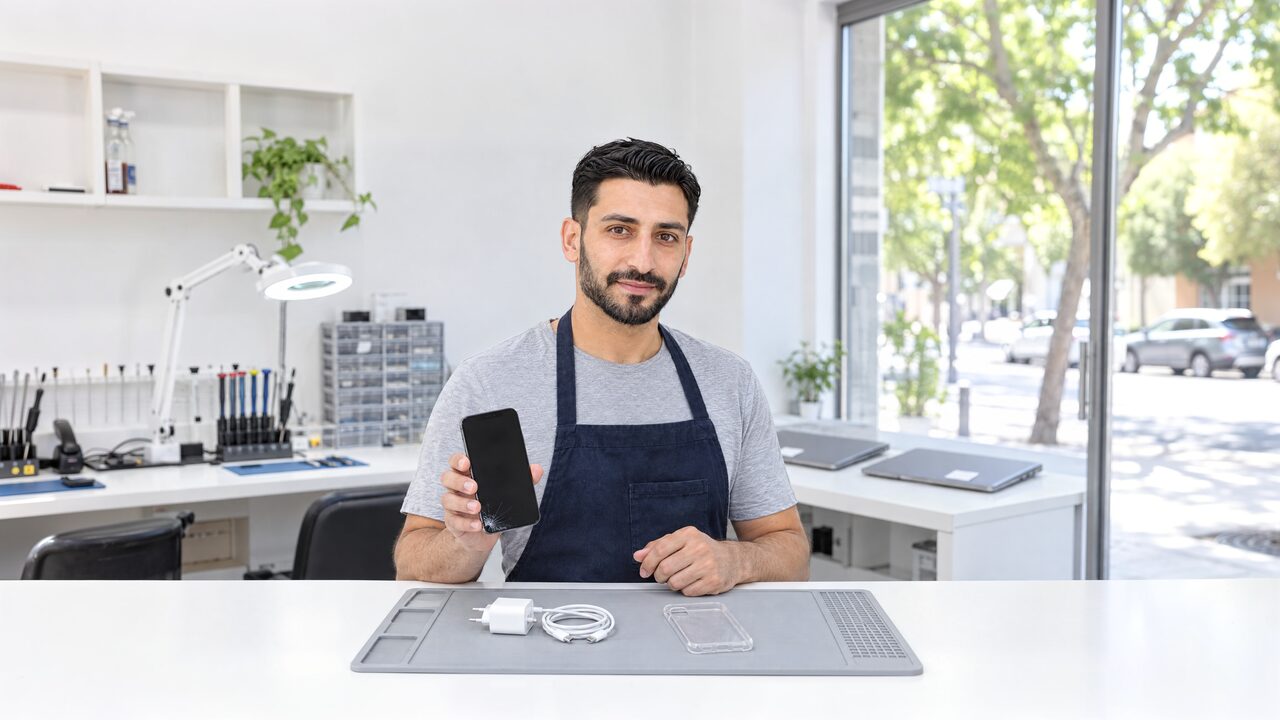 טכנאי בסינר כחול כהה מחזיק טלפון עם מסך סדוק ומחייך מאחורי דלפק שירות לבן, ולפניו מטען וכיסוי שקוף