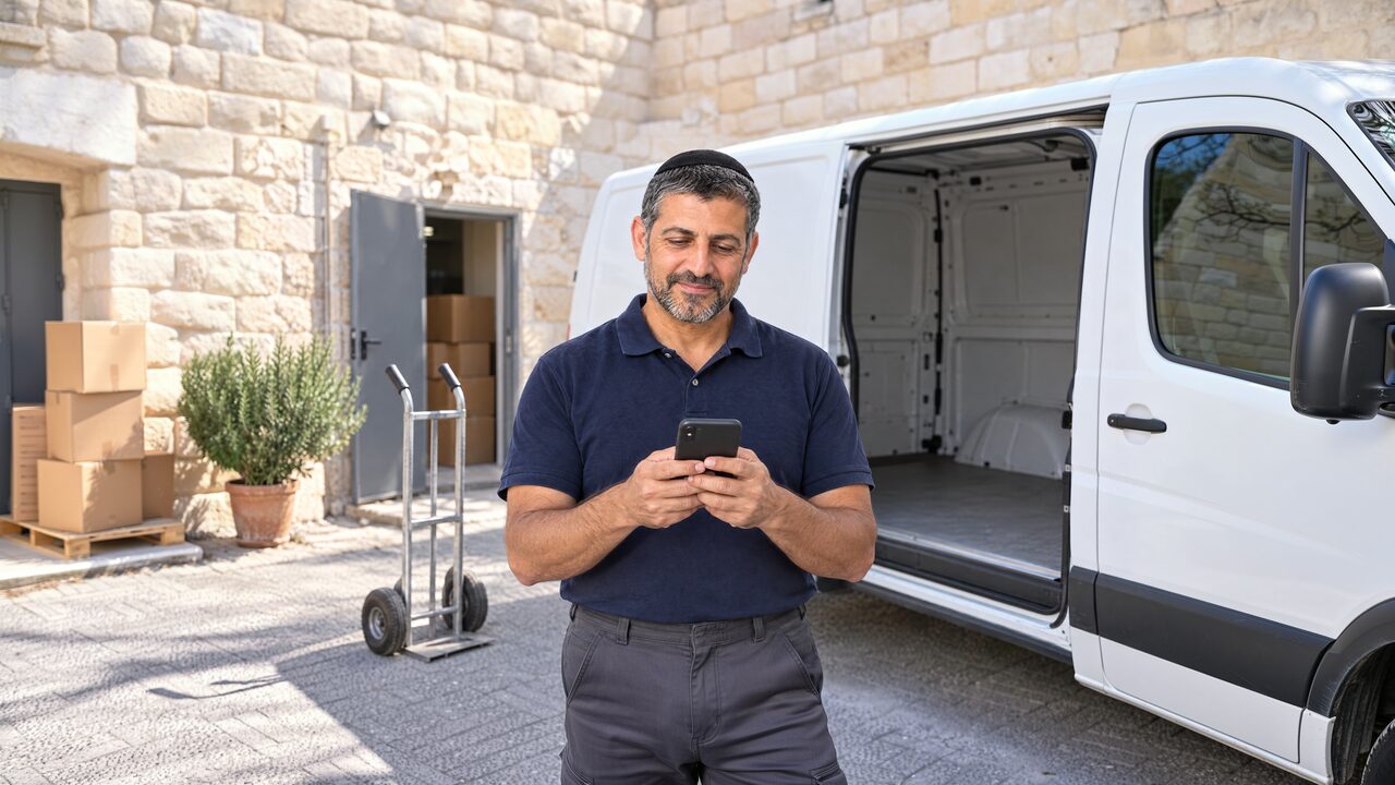 ספק עם כיפה וחולצת פולו כחולה ליד טנדר לבן פתוח, מביט בטלפון, ובפתח בית הקפה ארגזי קרטון שנמסרו