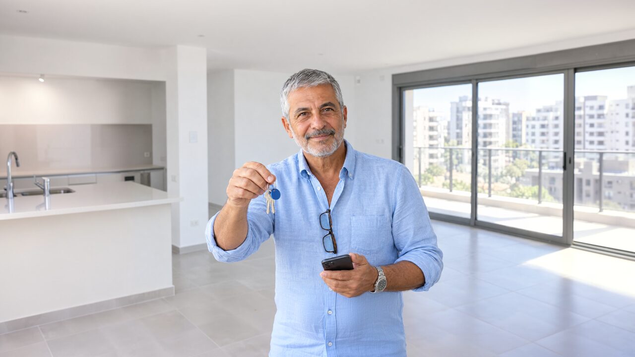גבר מחזיק צרור מפתחות עם תג כחול בדירה ריקה ומוארת, ובידו השנייה טלפון